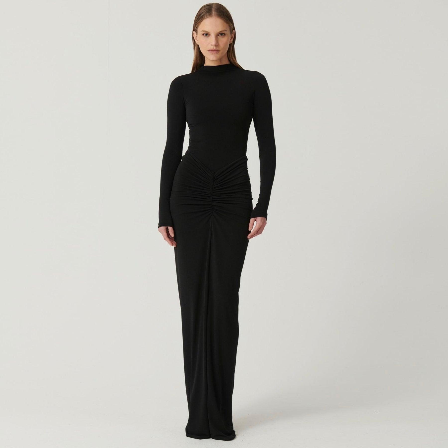 Juliette Black Draped Long Sleeve Maxi Dress