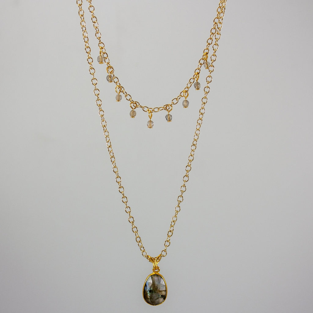 Labradorite Pendant Necklace Gold Filled Layered Design