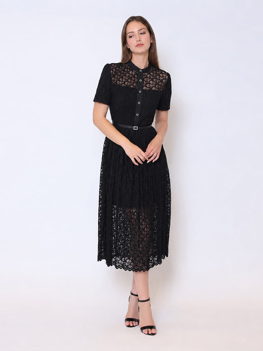 Lace Floral Button Front Mock Neck Belted Dress
