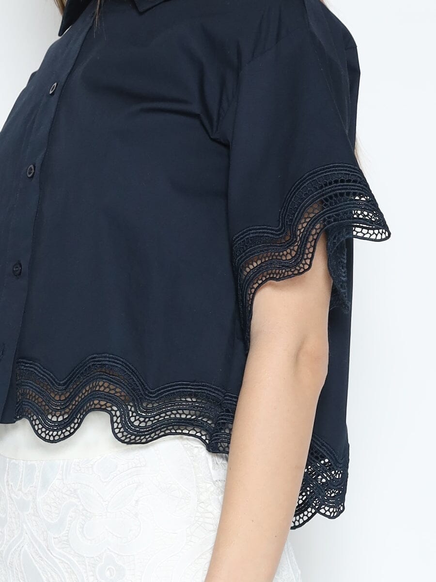 Lace Hem Short Sleeve Button-Down Shirt