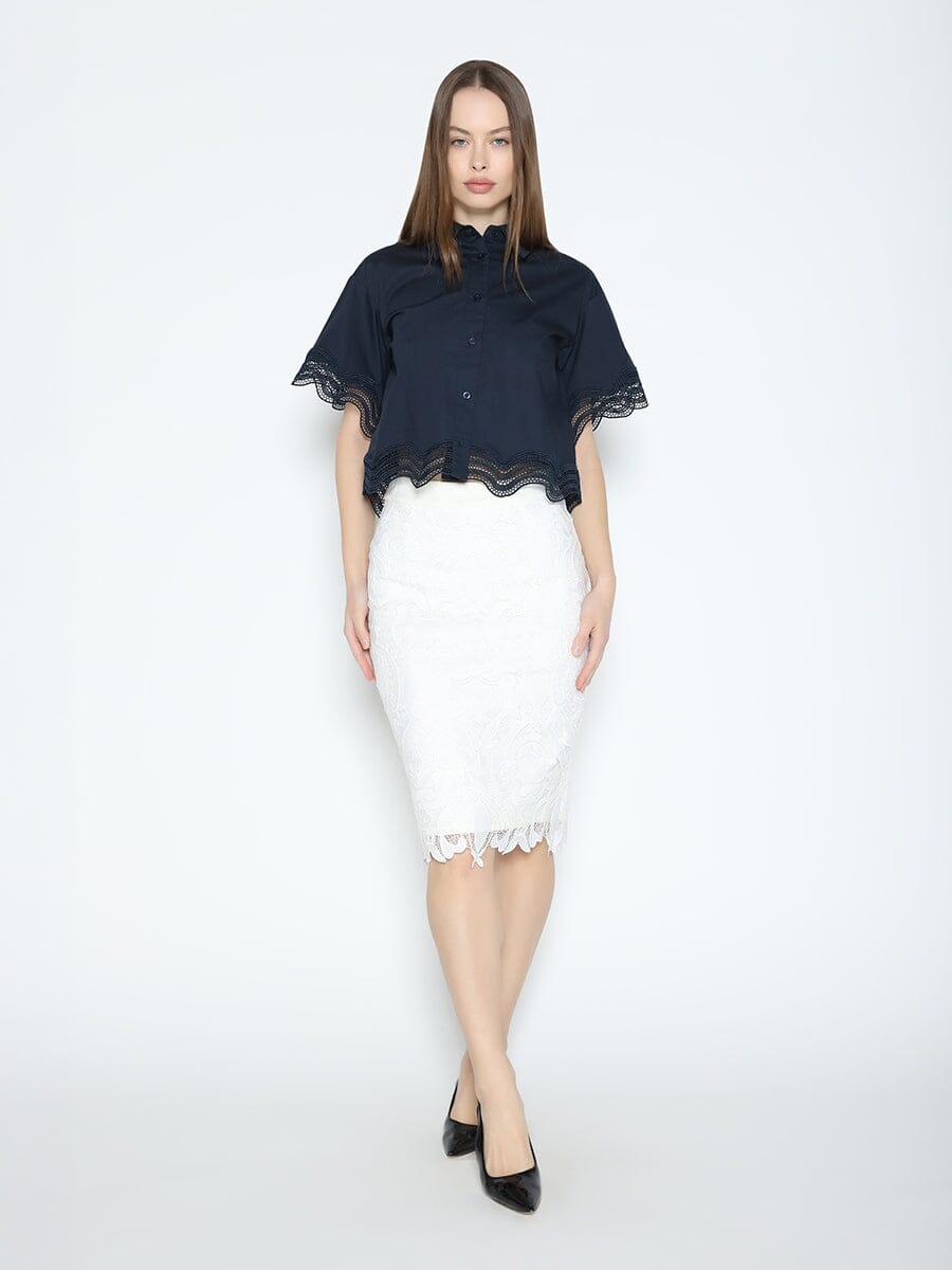 Lace Hem Short Sleeve Button-Down Shirt