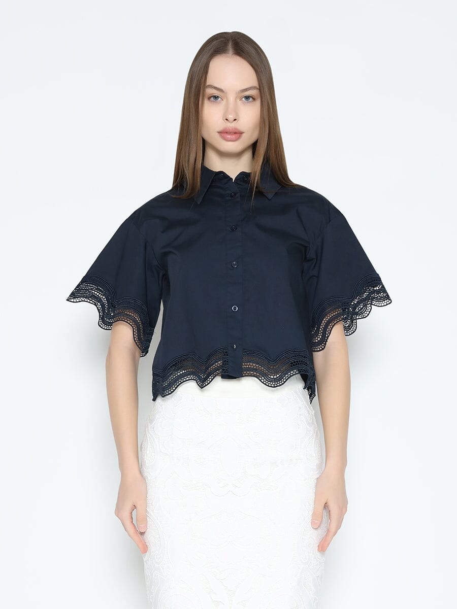 Lace Hem Short Sleeve Button-Down Shirt