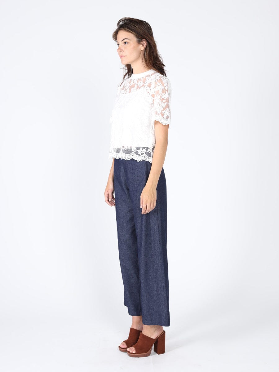 Lace Work Crew Neck Scallop Hem Top