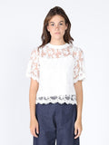 Lace Work Crew Neck Scallop Hem Top