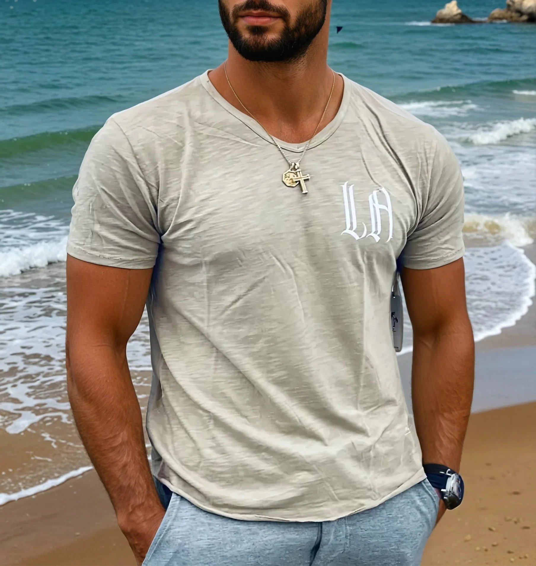 "LA" on 4 Corners V-neck (Khaki)