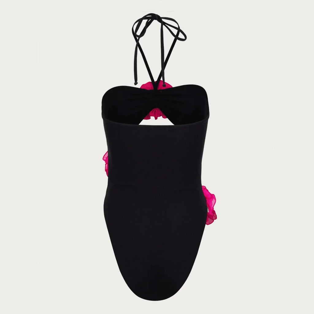 Laguna Black & Hot Pink Rose One-Piece Swimsuit