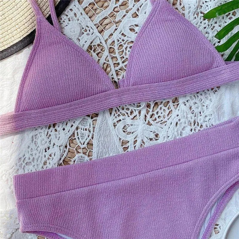 Lara Purple Ribbed High-Waist Triangle Bikini