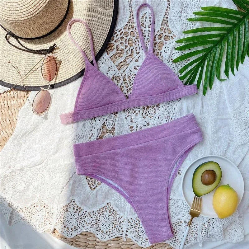 Lara Purple Ribbed High-Waist Triangle Bikini