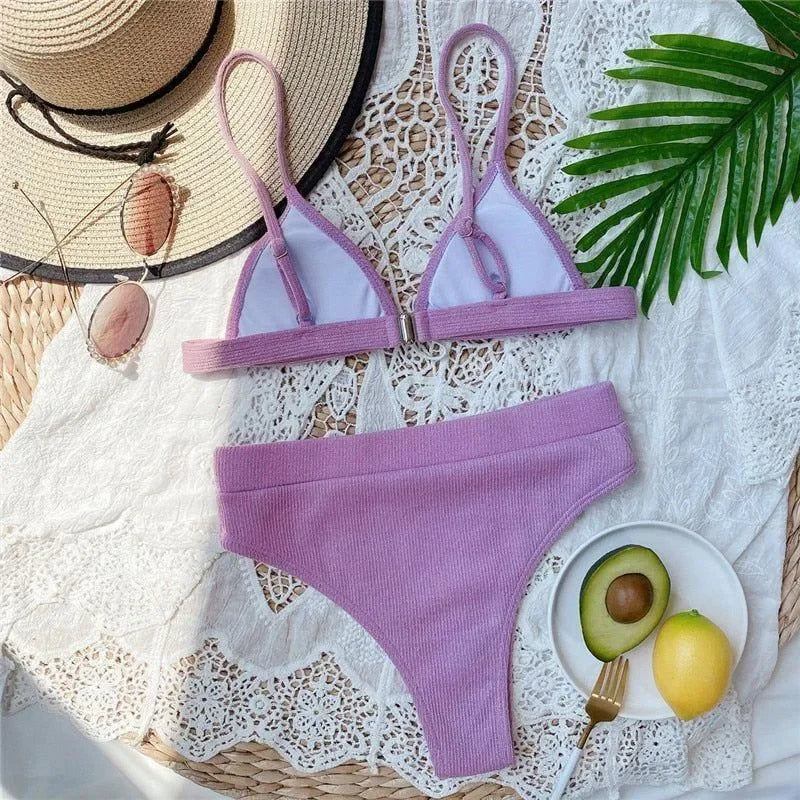 Lara Purple Ribbed High-Waist Triangle Bikini