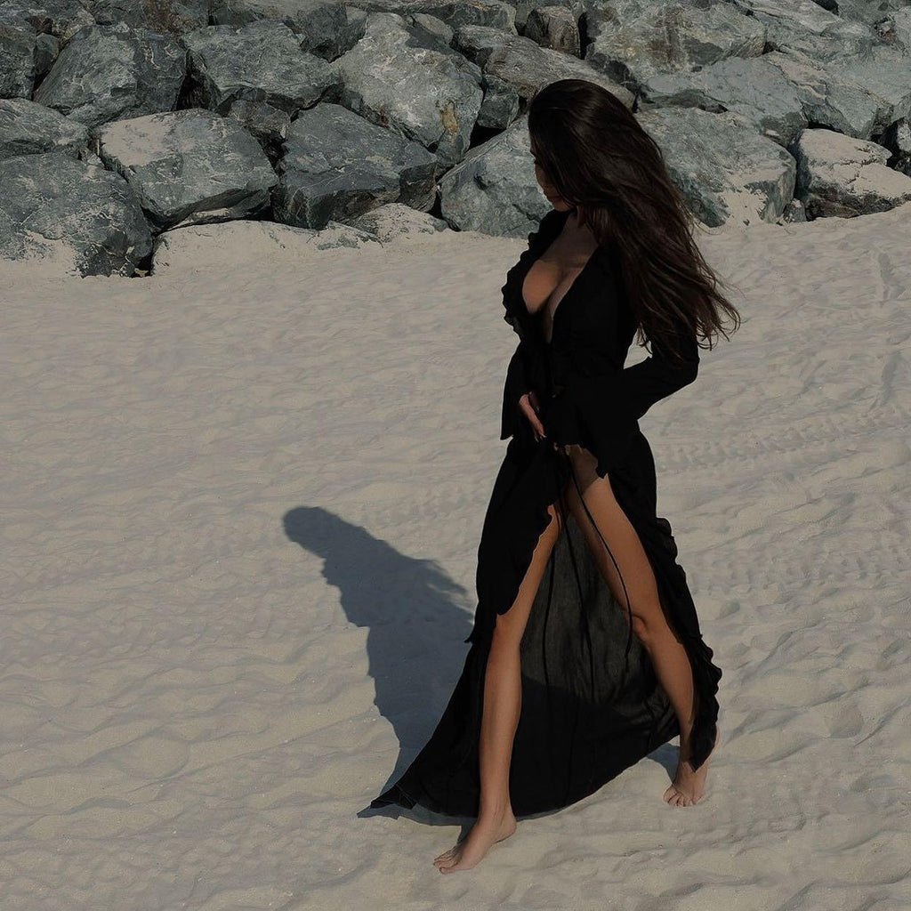Liliana Ruffle Long Sleeve Beach Black Maxi Dress