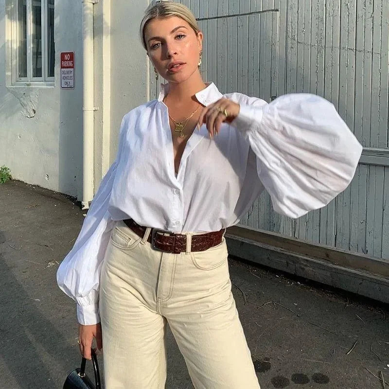 Linda White Lantern Sleeve Casual Shirt