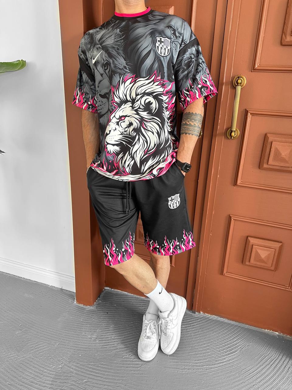 Lion Blaze Men's Graphic Tee & Flame Shorts Set – Fiery Streetwear with Bold Lion Print
