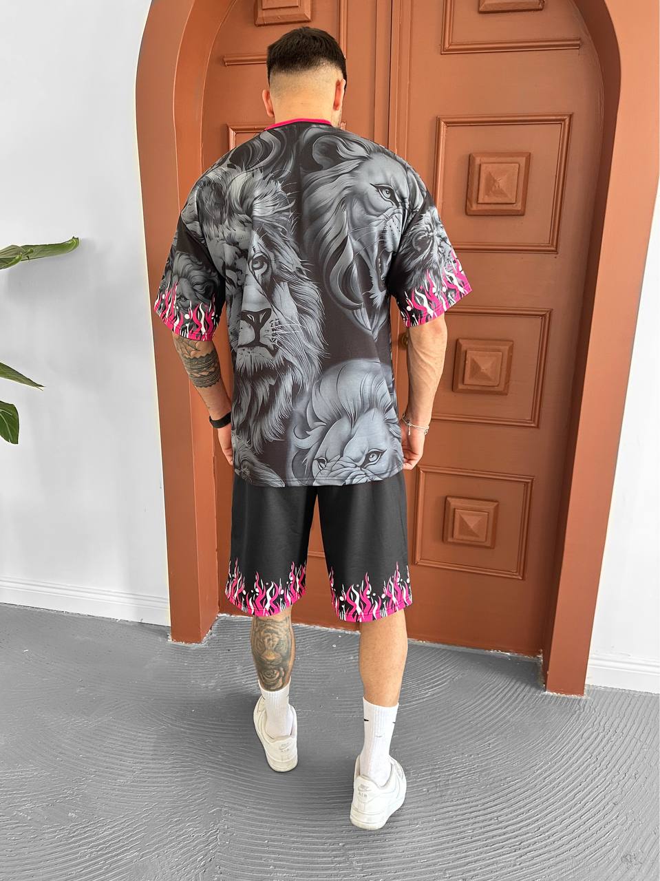 Lion Blaze Men's Graphic Tee & Flame Shorts Set – Fiery Streetwear with Bold Lion Print