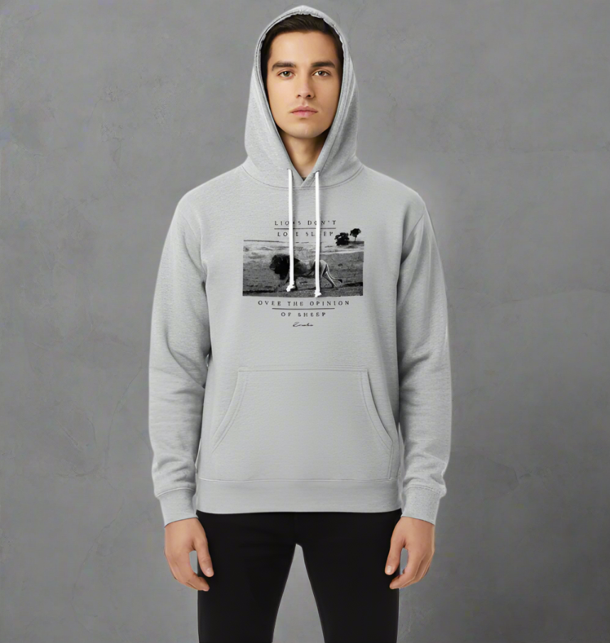 "LIONS DON'T LOSE SLEEP OVER THE OPINION OF SHEEP" Hoodie (Heather Grey)