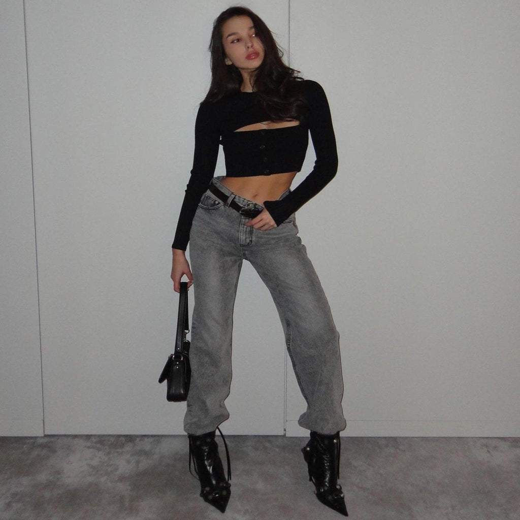 Love & Love Long Sleeve Ribbed Black Top