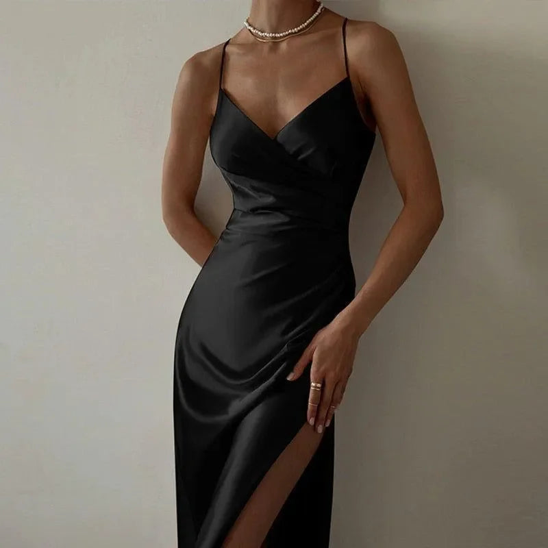 Lovely Lady Black Satin Midi Dress