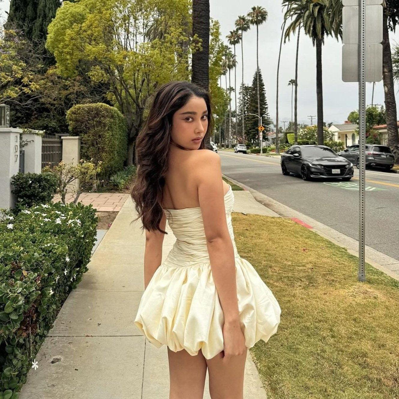 Lovely Layers Beige Ruched Puffy Mini Dress
