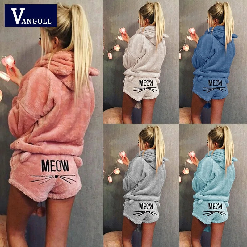 Women's Plush Hoodie and Shorts Pajama Loungewear Set