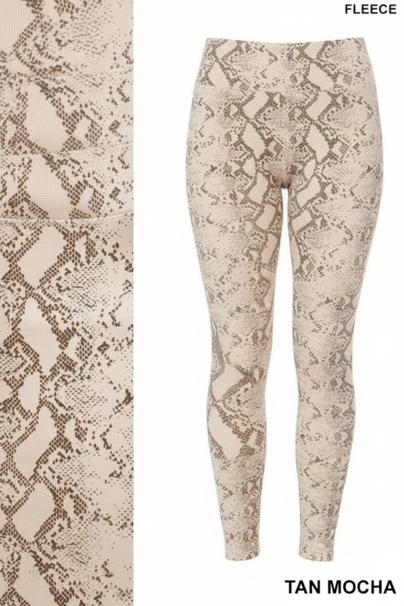 Snake Print Fleece Leggings- Tan Mocha