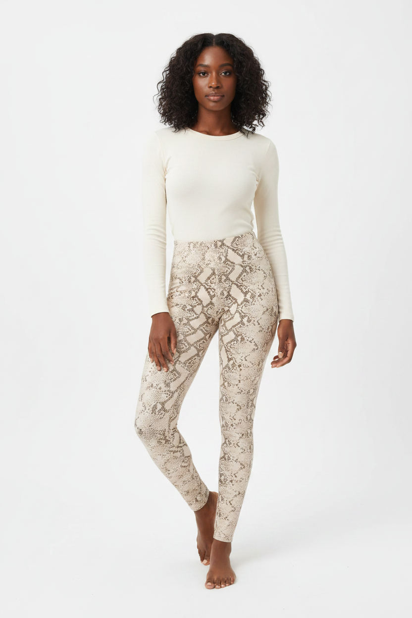 Snake Print Fleece Leggings- Tan Mocha