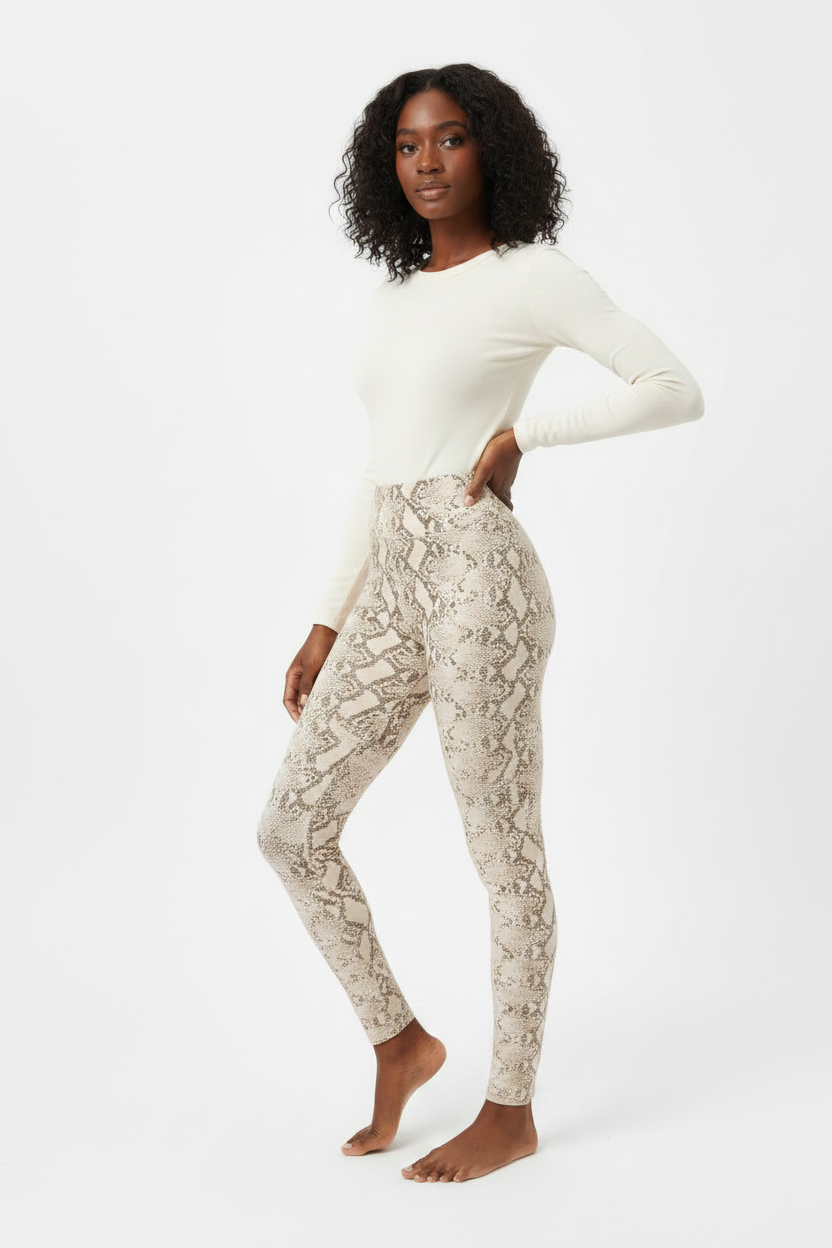 Snake Print Fleece Leggings- Tan Mocha