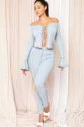 MADDIE INSIDE OUT STITCH LACE DOWN FRONT LONG SLEEVE CROP TO PANT SET