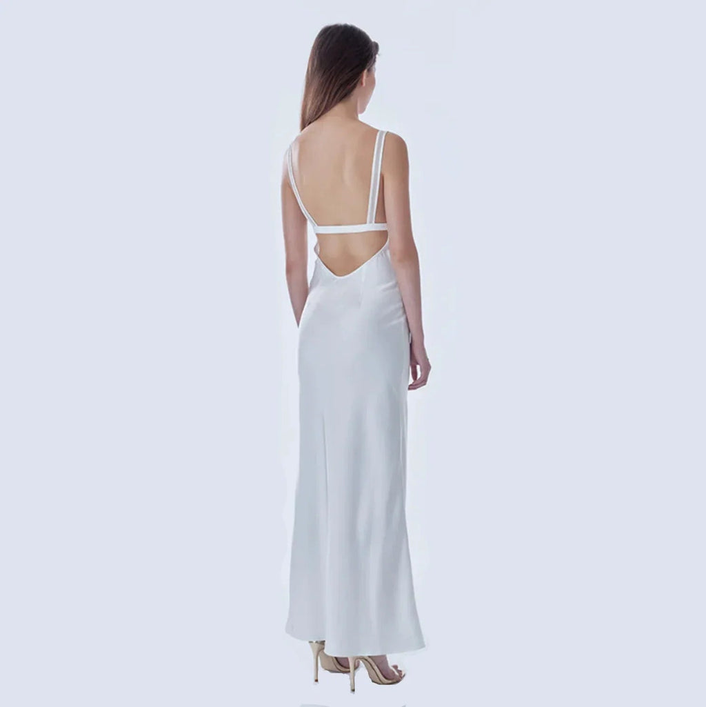 Malika White Satin Mesh Maxi Dress