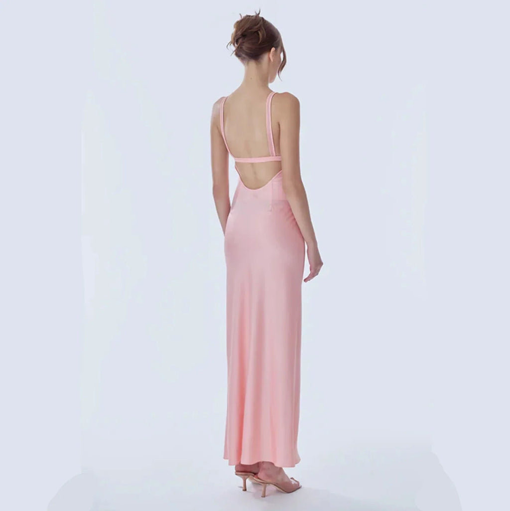 Malika Pink Satin Mesh Maxi Dress