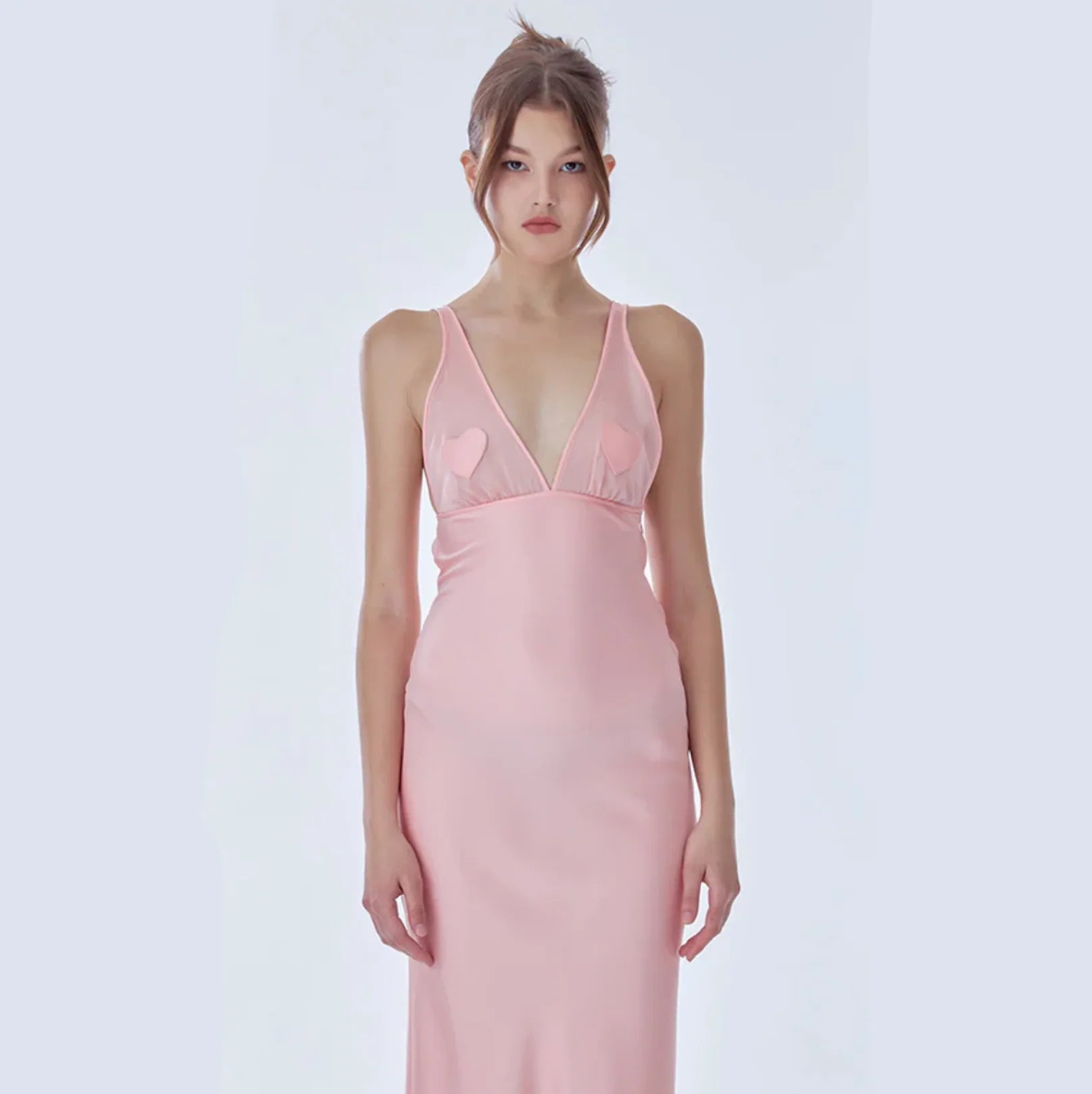 Malika Pink Satin Mesh Maxi Dress