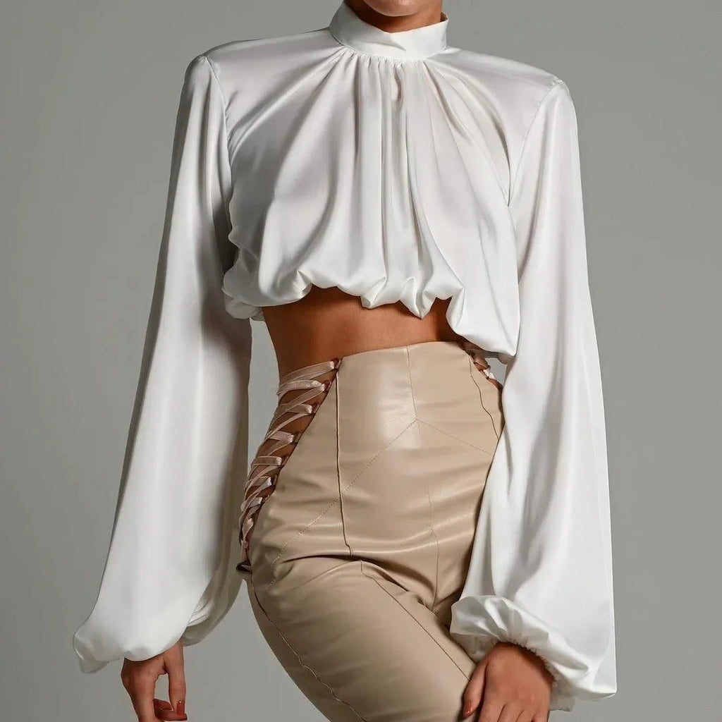 Mare Turtleneck Puff Sleeve Satin White Blouse