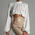 Mare Turtleneck Puff Sleeve Satin White Blouse