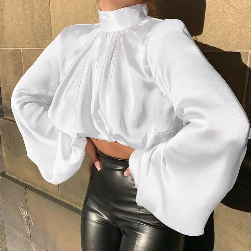 Mare Turtleneck Puff Sleeve Satin White Blouse