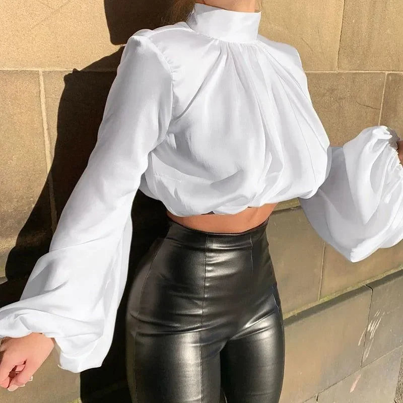 Mare Turtleneck Puff Sleeve Satin White Blouse