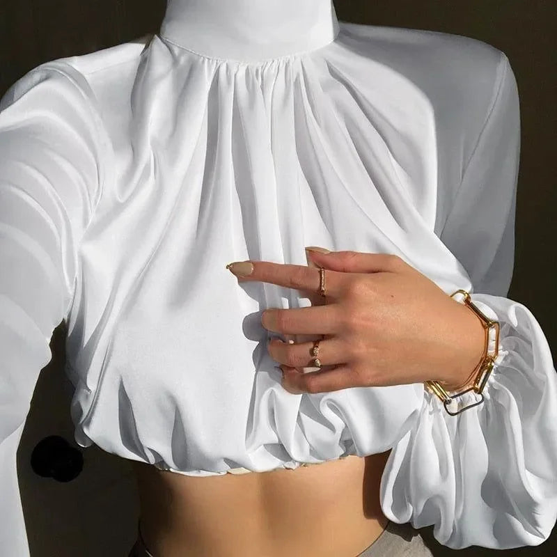 Mare Turtleneck Puff Sleeve Satin White Blouse