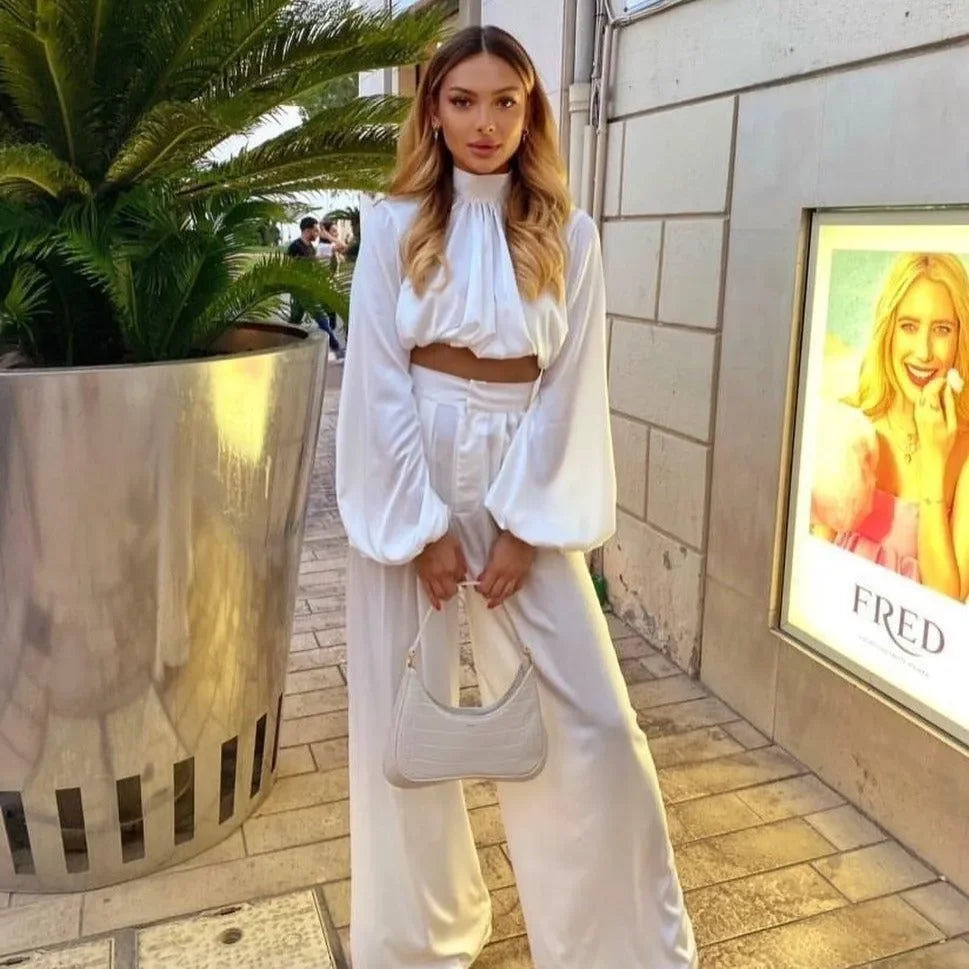 Mare Turtleneck Puff Sleeve Satin White Blouse