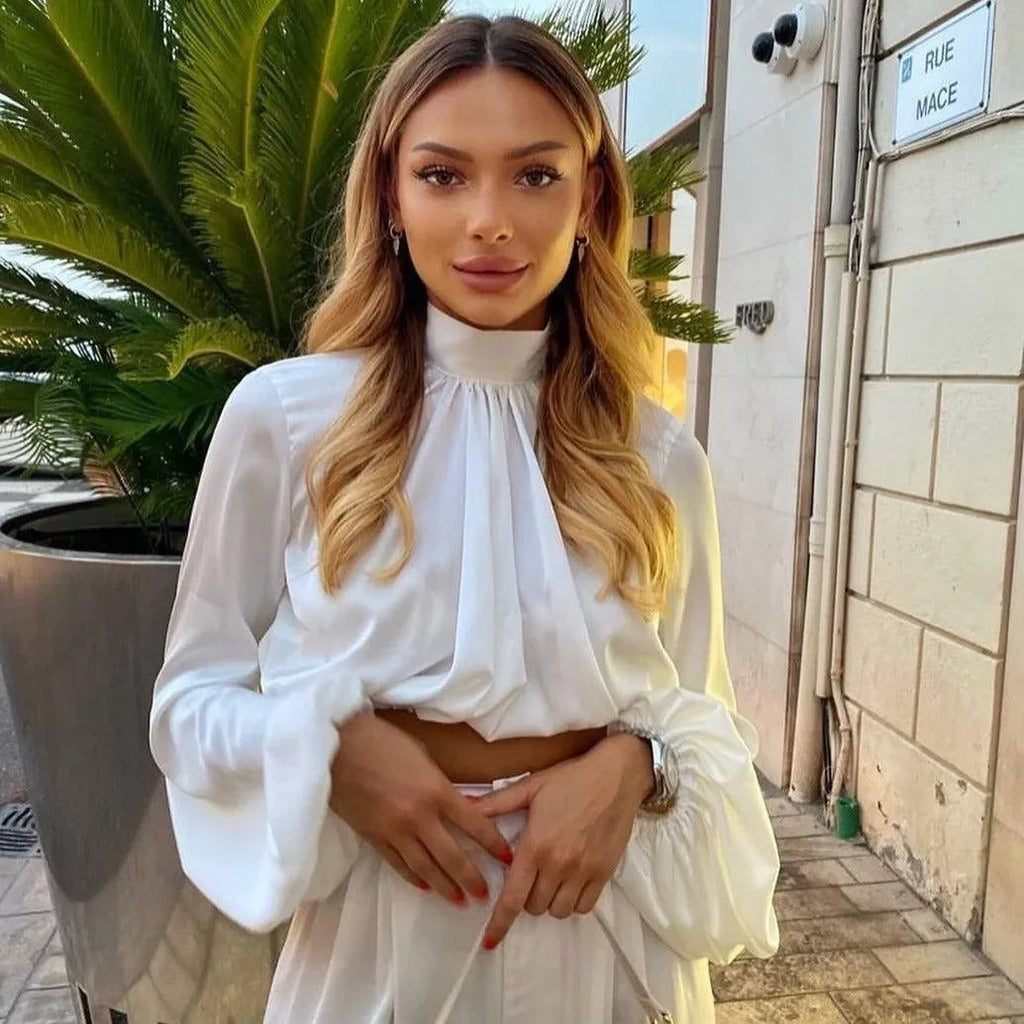 Mare Turtleneck Puff Sleeve Satin White Blouse