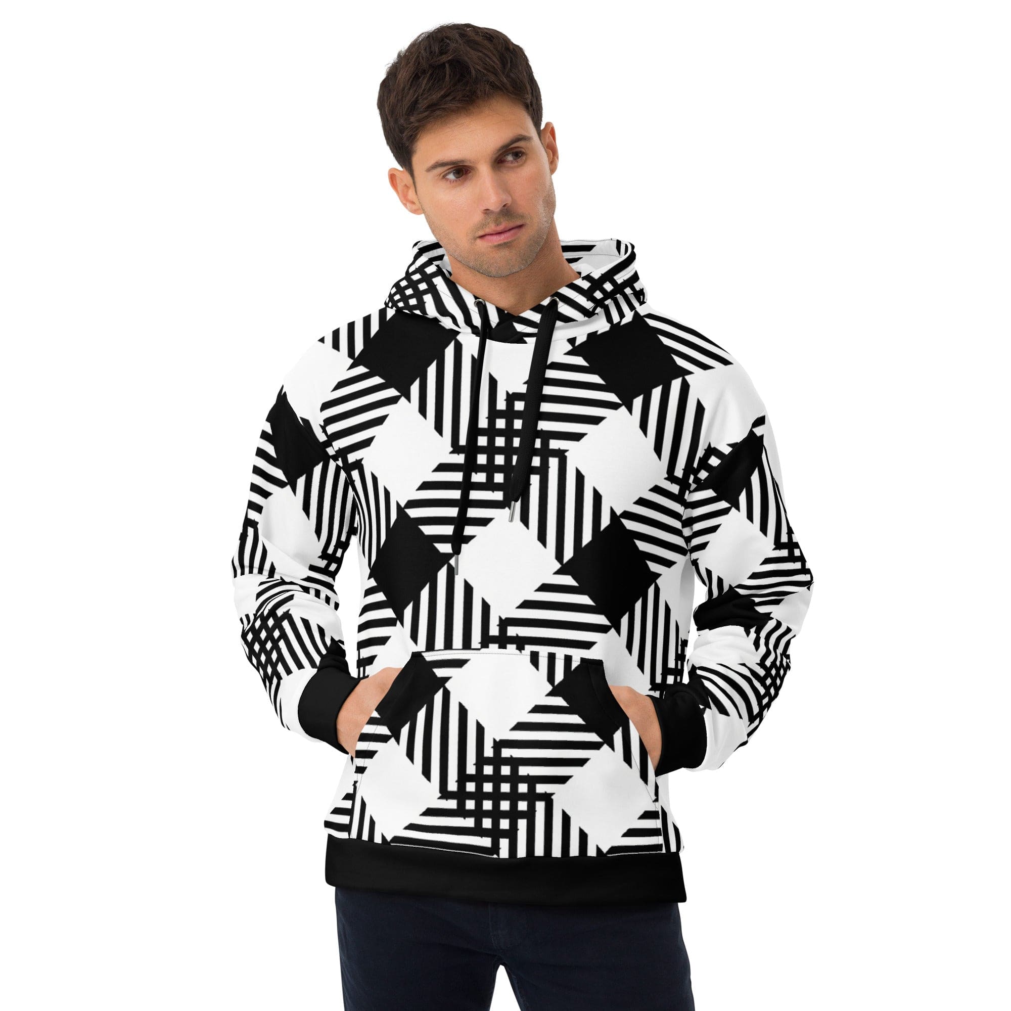 Mens Graphic Hoodie - Black and White Plaid Print