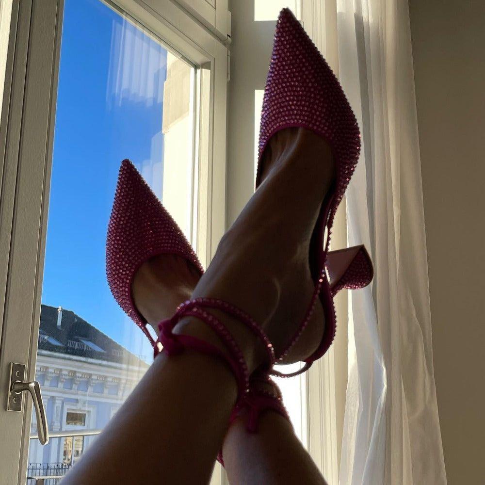 High Shine Red Crystal Lace Up Heels