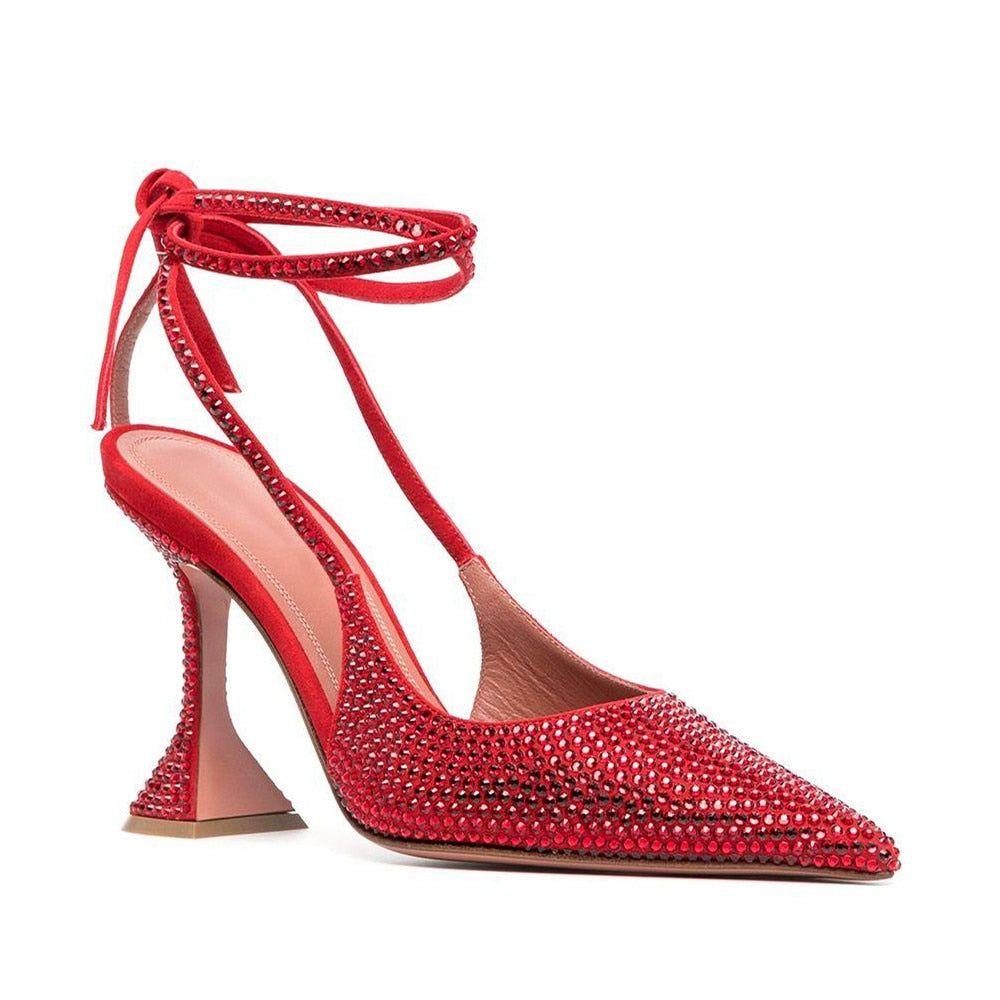 High Shine Red Crystal Lace Up Heels