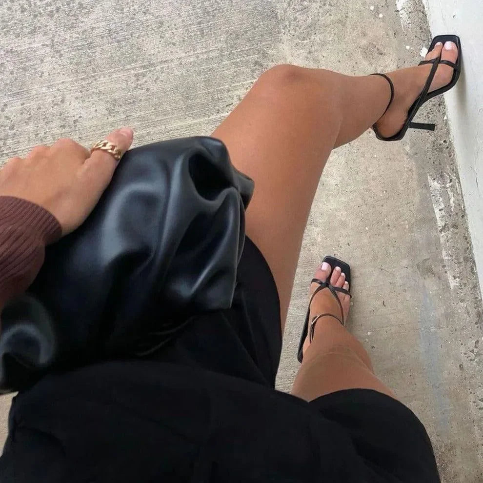 Midnight Black Faux Leather Strappy Square-Toe Heels