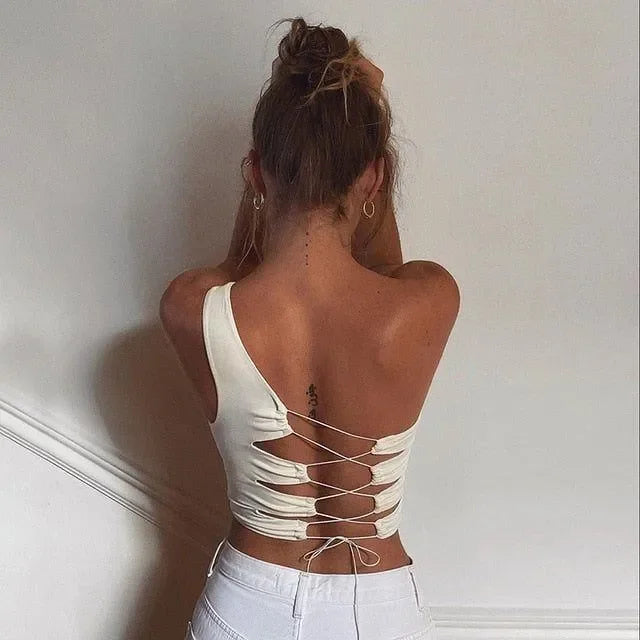Mina Lace Up One Shoulder Tank Top