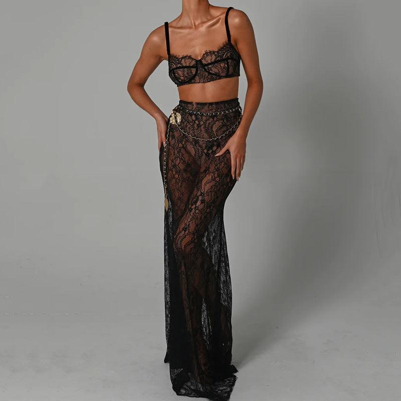 Mon Ami Black Lace Maxi Skirt Set