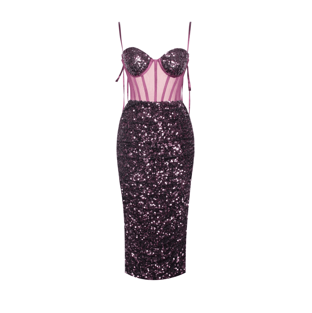 Mon Amour Purple Sequined Corset Midi Dress