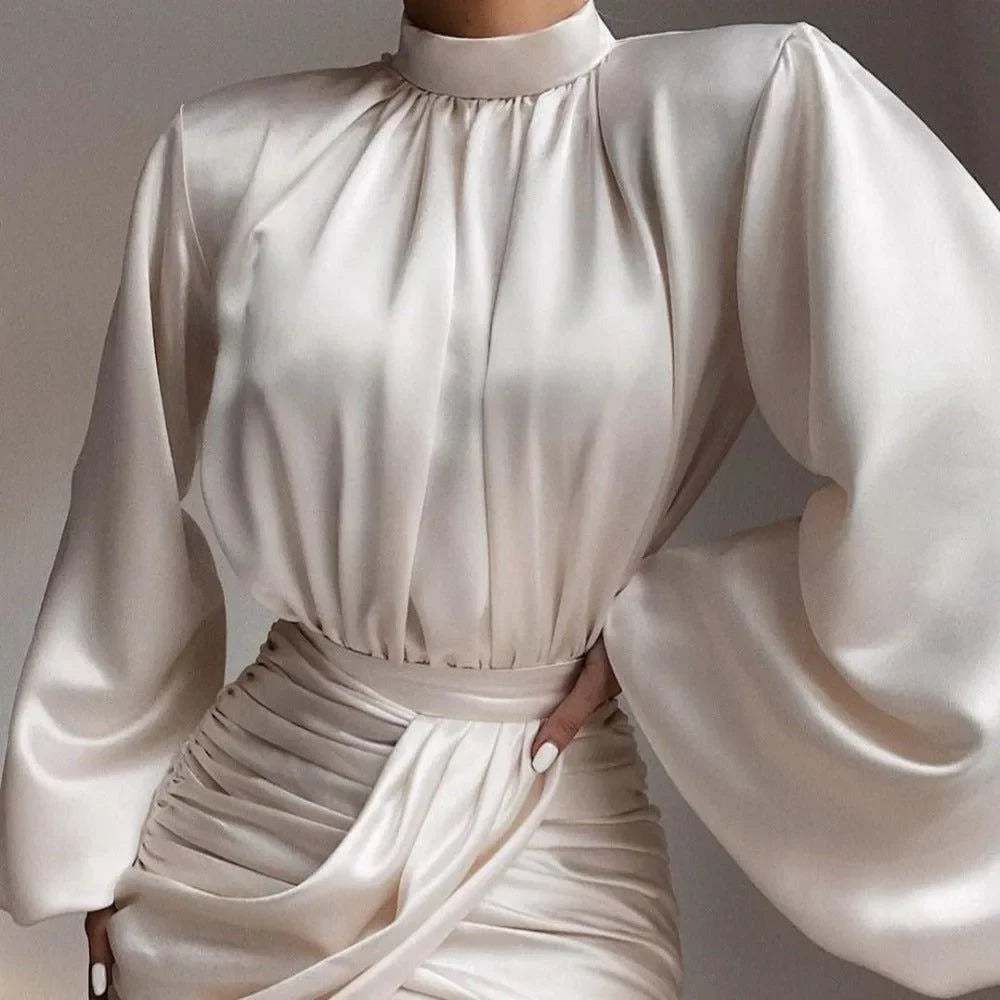 Monaco White Satin Ruched Mini Dress