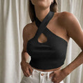 Montego Black Ribbed Crisscross Halter Top