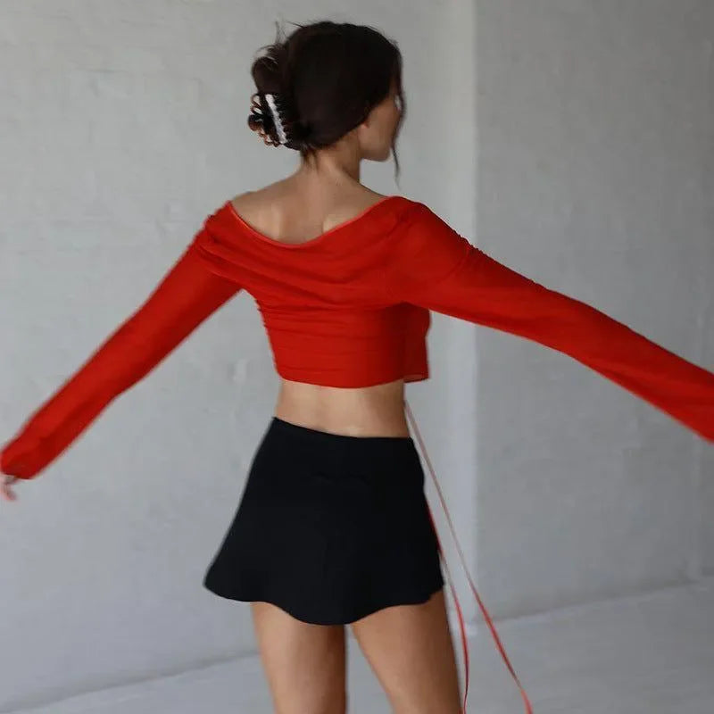 Morning Glory Red Long Sleeve Crop Top