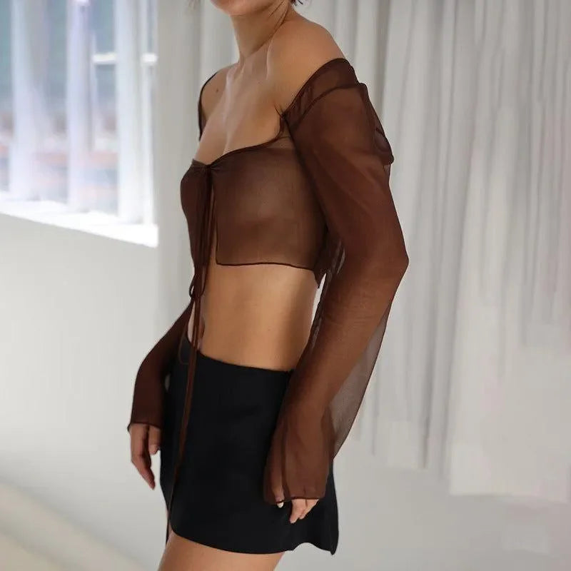 Morning Glory Brown Long Sleeve Crop Top