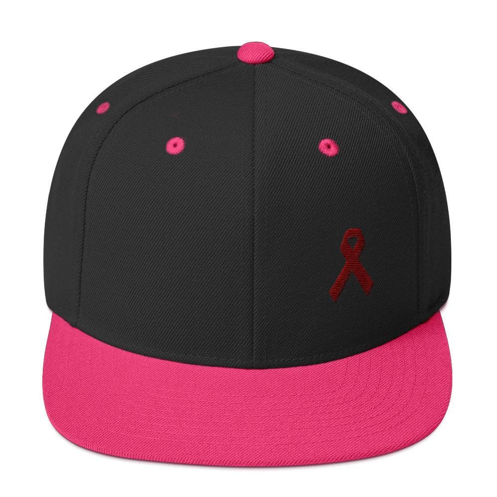 Multiple Myeloma Awareness Flat Brim Snapback Hat with Burgundy Ribbon