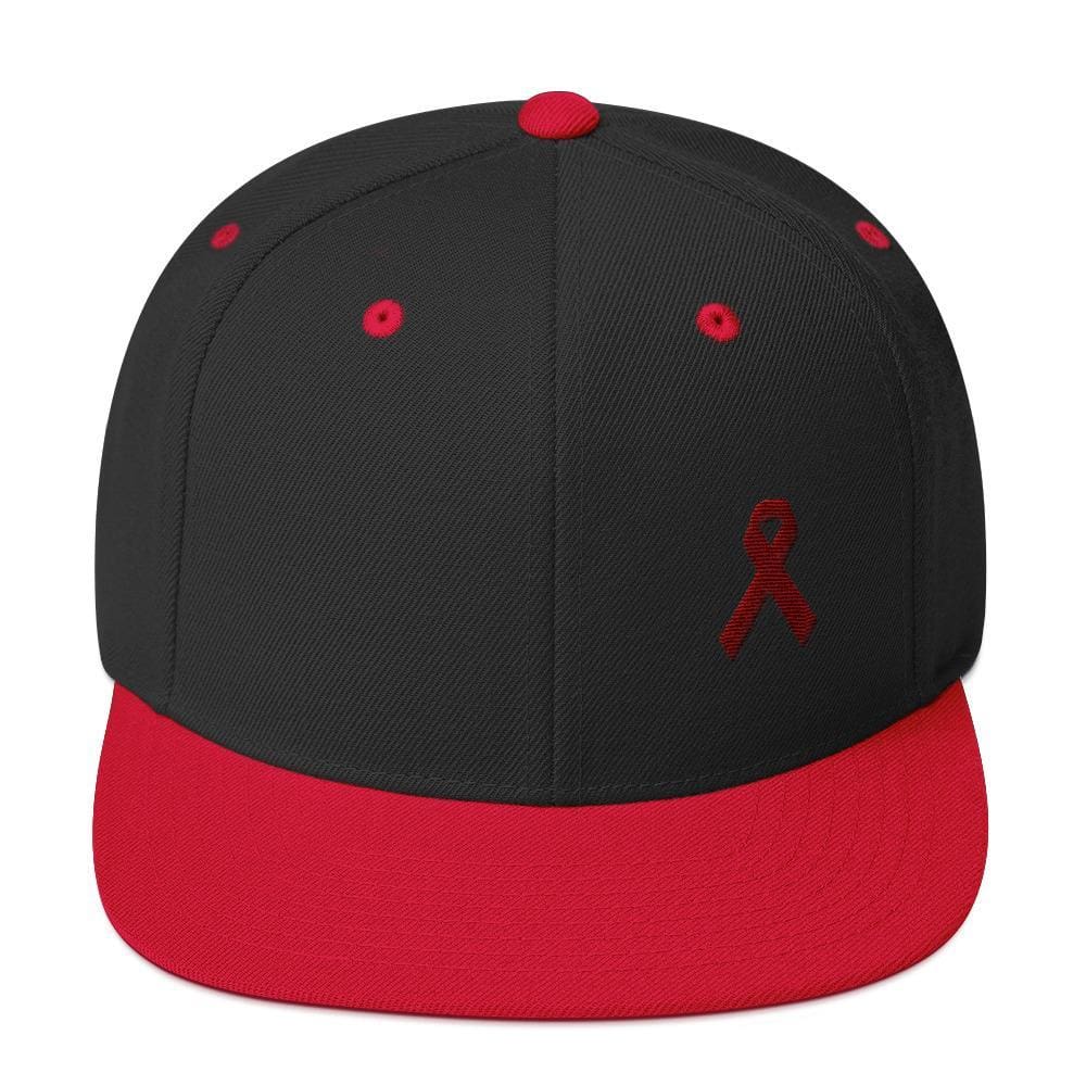 Multiple Myeloma Awareness Flat Brim Snapback Hat with Burgundy Ribbon