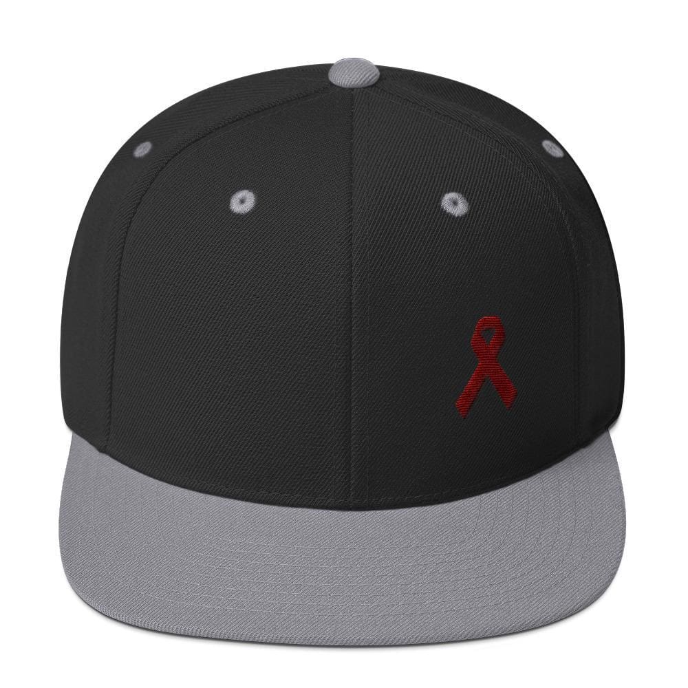 Multiple Myeloma Awareness Flat Brim Snapback Hat with Burgundy Ribbon